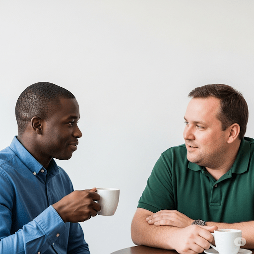 Image of two men chatting with a cup of tea