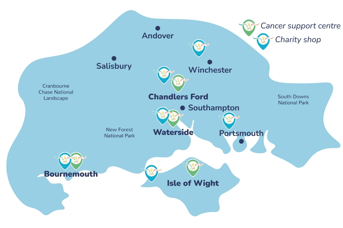 Map showing the locations of Wessex Cancer Support retail locations