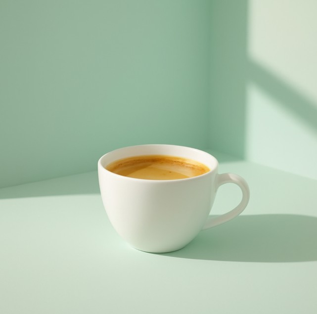 Cup of coffee in a white mug with pale green background