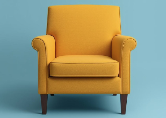An image of a empty yellow chair in a pale blue room.